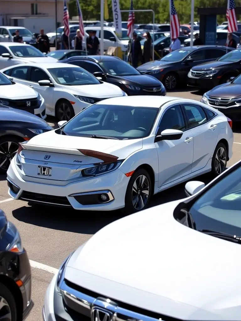 A clear photo of a 2019 Honda Civic sedan being auctioned in the United States, emphasizing its fuel efficiency and reliability. The auction setting is visible.