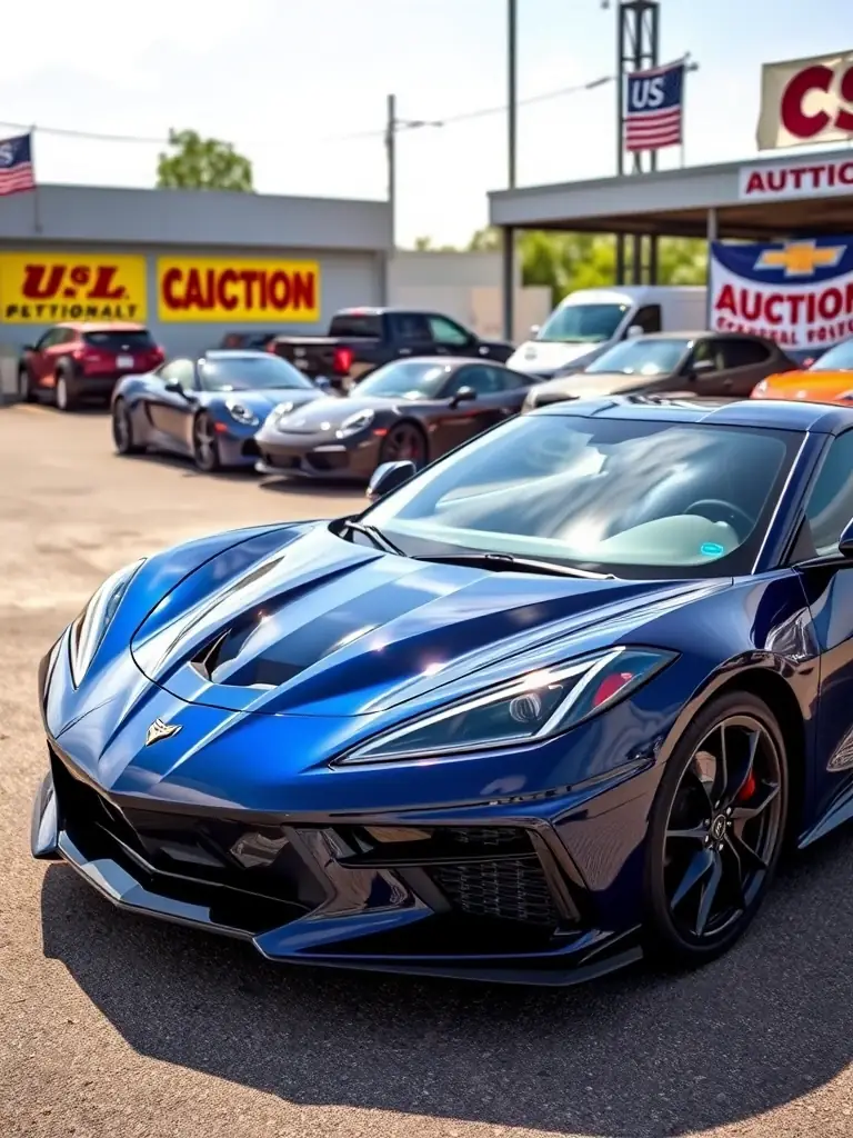 An attractive image of a 2021 Chevrolet Corvette being auctioned in the USA, showcasing its high-performance features and luxurious design. The auction lot is in the background.