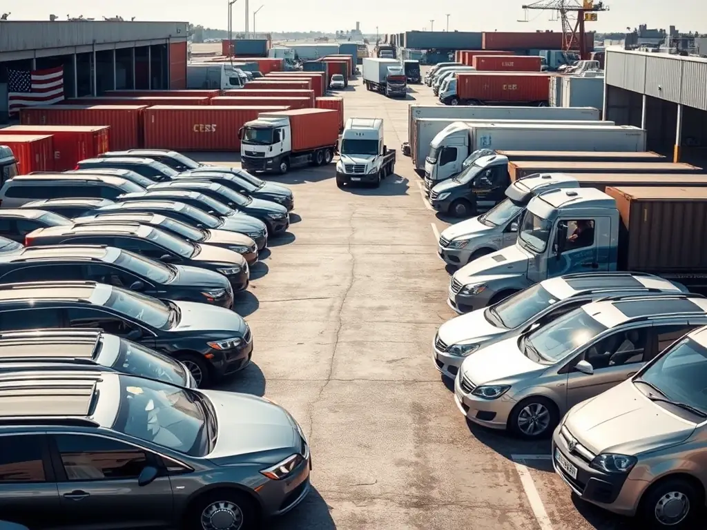 An image showing a US auction lot with various US cars being prepared for export, highlighting the import process. The image should convey a sense of efficiency and reliability.