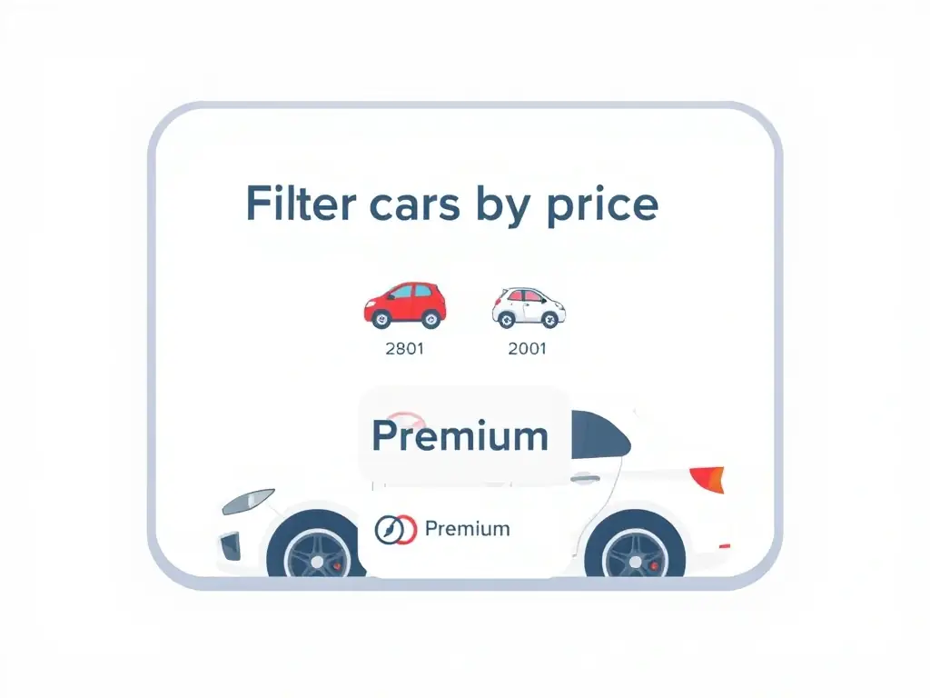 A detailed image of a filter dropdown menu for 'Price' in a car auction website, showing price ranges like 'Budget' and 'Premium' with thumbnail images of cars within those price categories.
