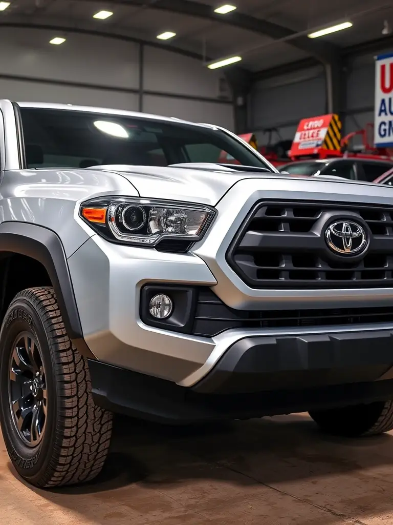A detailed image of a 2020 Toyota Tacoma pickup truck at a US auction, highlighting its rugged exterior and practical features. The auction environment is visible in the background.