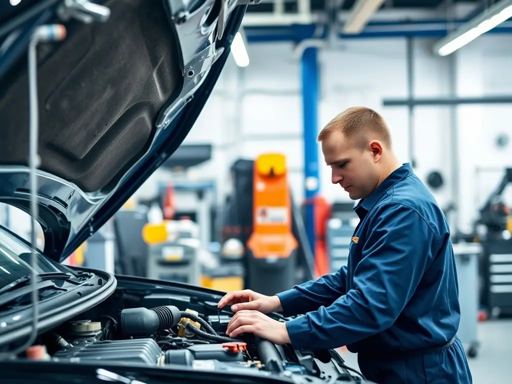 A close-up shot of a mechanic inspecting a car in a well-lit garage, with various tools and equipment visible in the background.