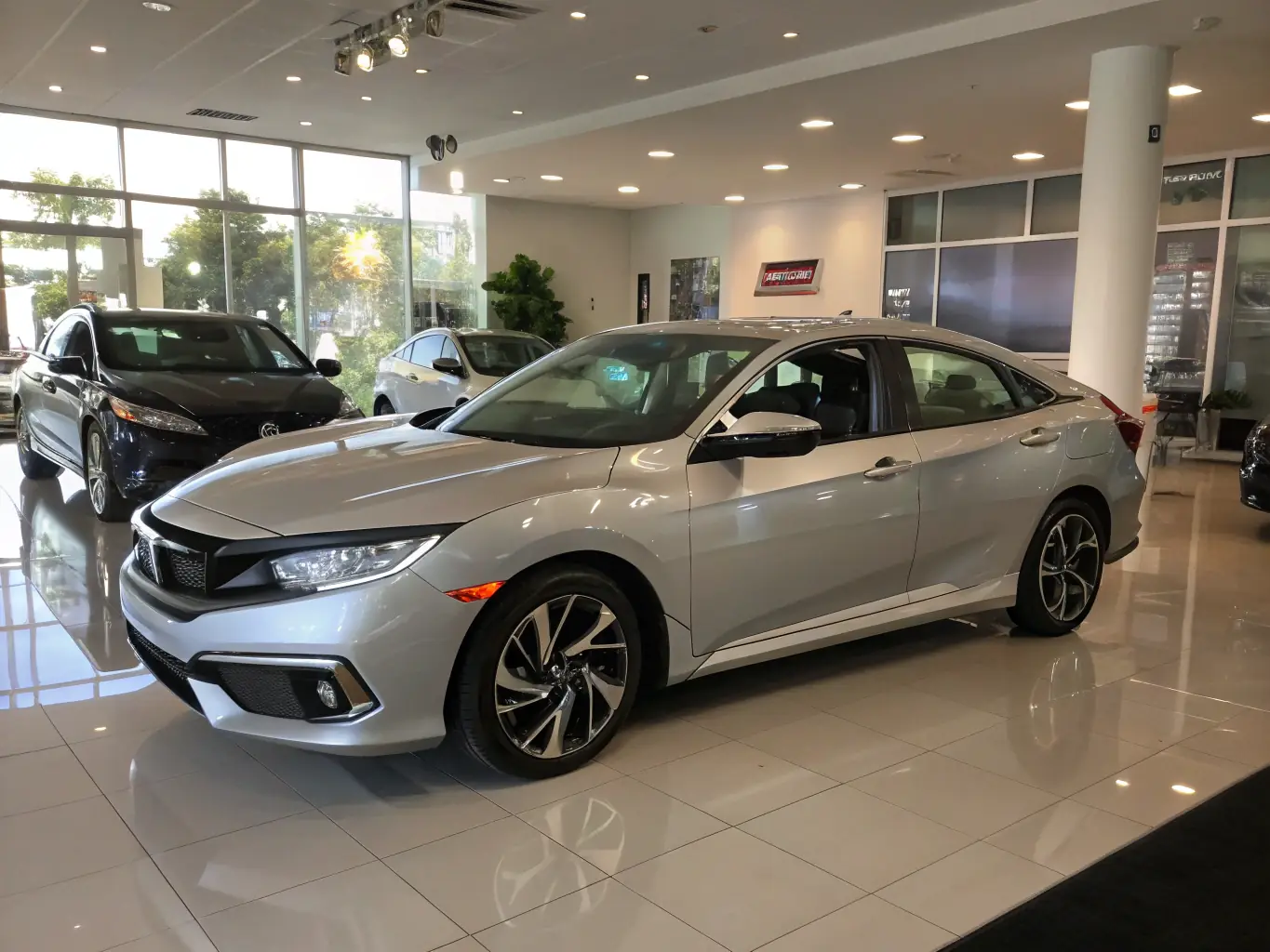 A professional photograph of a 2019 Honda Civic at a US car auction, emphasizing its sporty design and features. The image should be attractive to younger buyers in Panama.