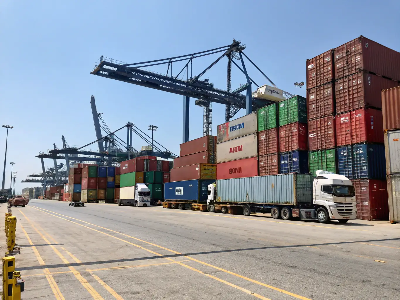 A photograph of a container ship arriving at a port, with various cars visible inside the containers.
