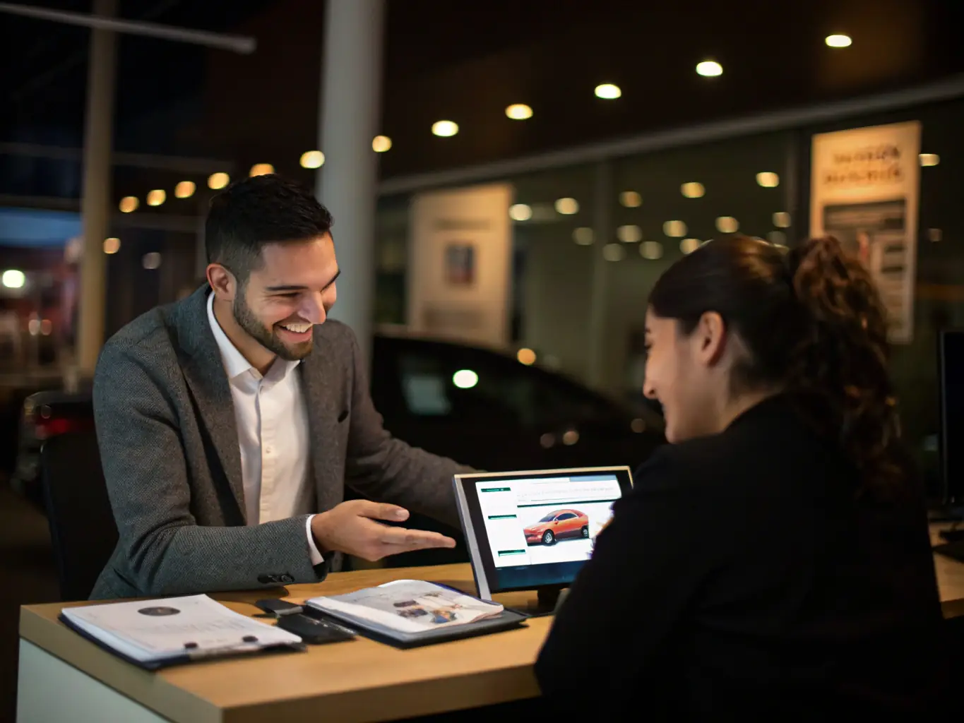 A photograph of a EdoCars Import & More representative assisting a customer with paperwork related to importing a car, showcasing personalized customer service.
